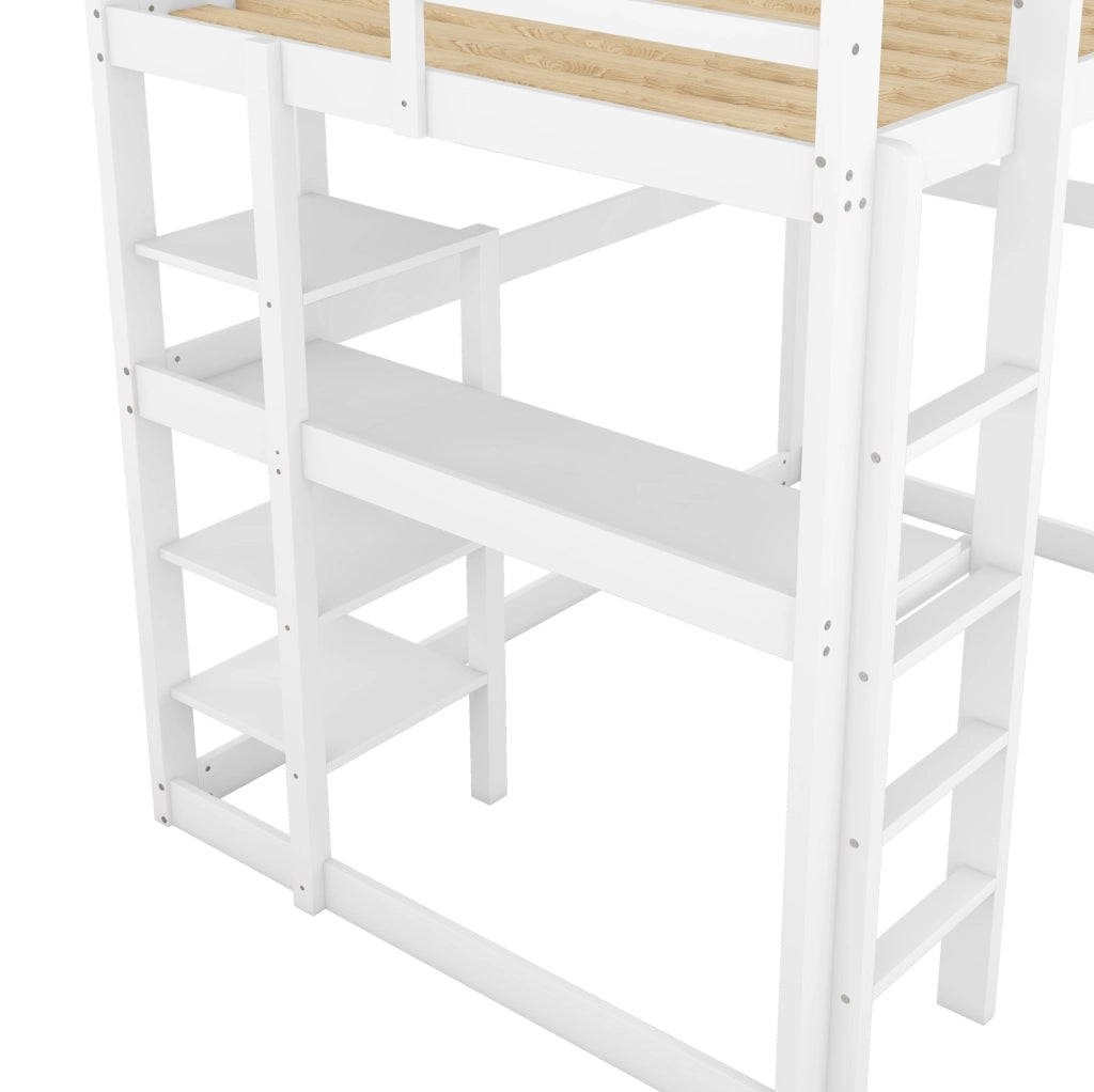 Letto a soppalco 140x200 cm in pino con scrivania e 4 ripiani