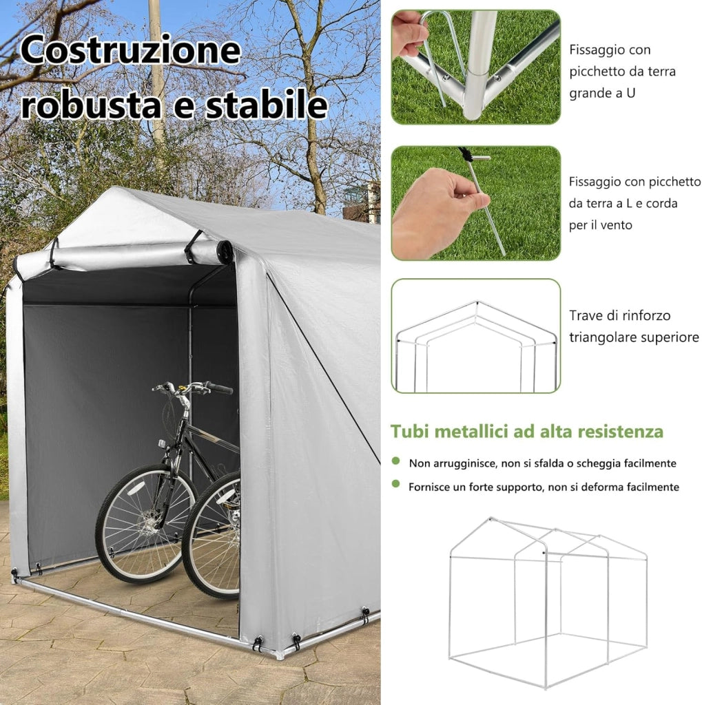 Capanno di Stoccaggio per Esterni, Garage Portatile per Biciclette, Motociclette, Attrezzi da Giardino, Carport per Bici con Porta a Rullo e Cerniera, 160 x 218 x 164 cm (Grigio Argento)