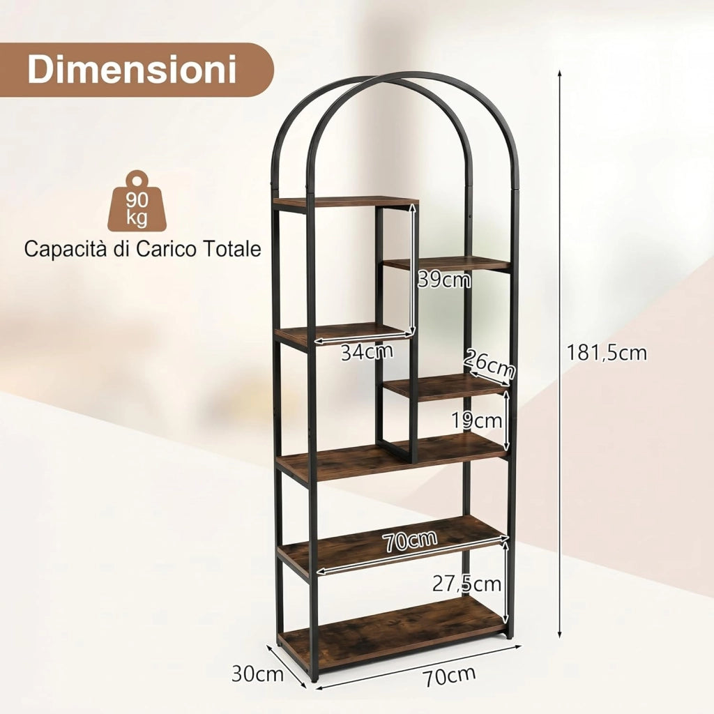 Libreria ad Arco, Libreria a 7 Ripiani Aperto con 2 kit Antiribaltamento e Piedini Regolabili, Scaffale Portaoggetti con Struttura in Legno, Espositore per Soggiorno Ufficio, 70x30x181,5 cm