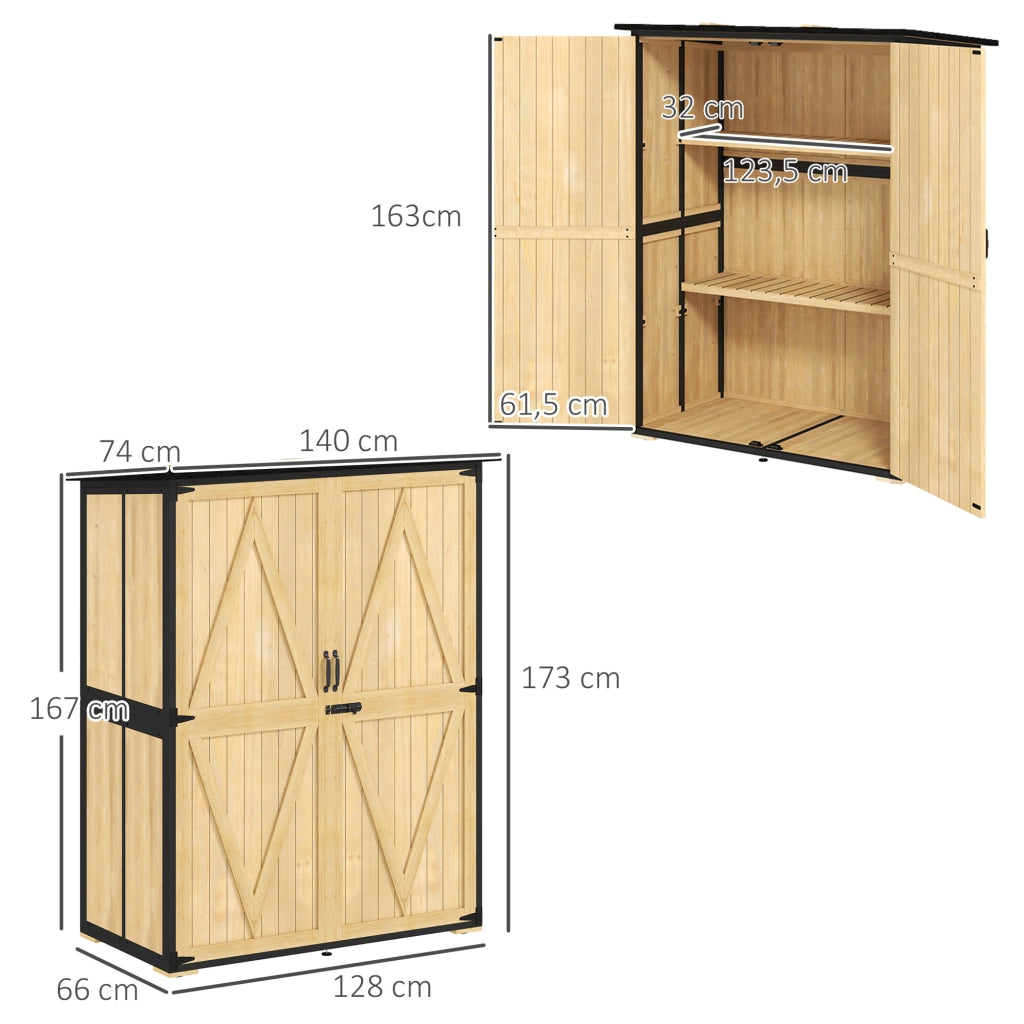 Armadio da giardino in legno e acciaio con tetto in asfalto ¨C zephmum ¨C 2 ripiani, porte bloccabili, colore naturale