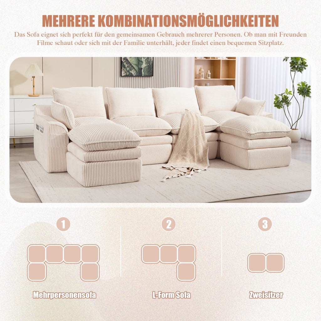 DIVANO MODULARE 4 POSTI 335x167x85 cm Corduroy Beige con 2 Pouf