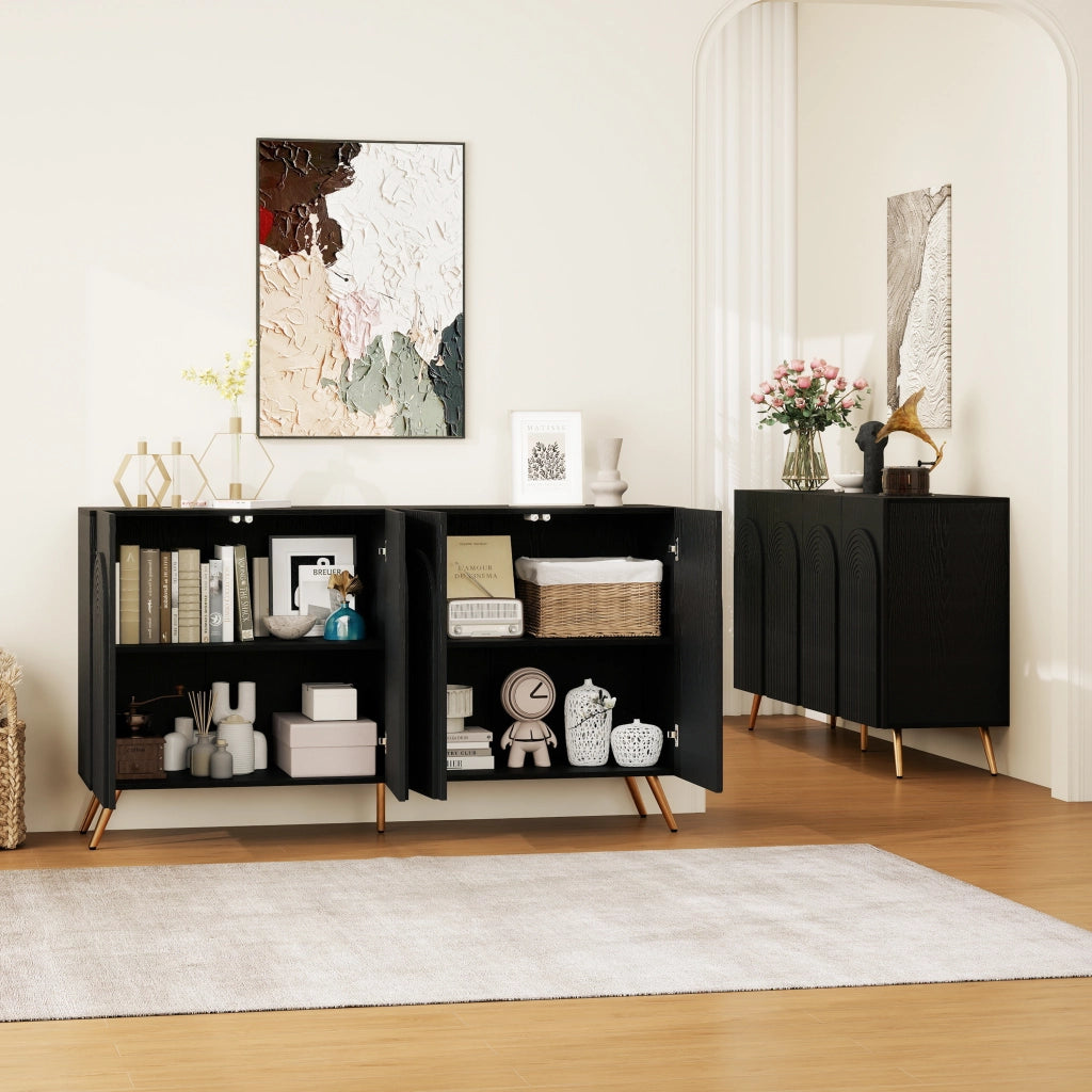 Credenza Mid-Century ¨C Xylo ¨C Nero, Legno, Ante ad Arco, Ripiani, Gambe Metallo Oro