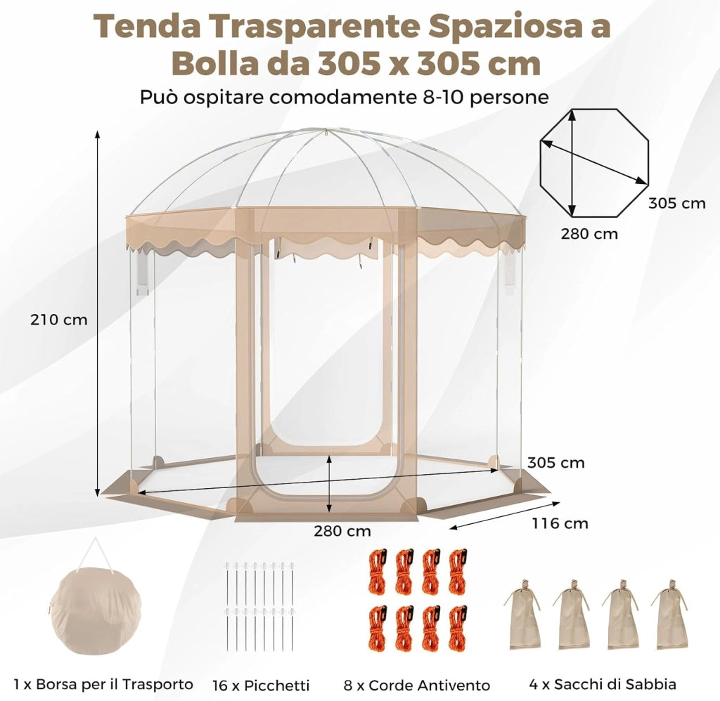 Tenda a Bolla Trasparente, Vista Panoramica a 540°, Tenda Sportiva Pop-up con 8 Corde Antivento, 16 Picchetti, 4 Sacchi di Sabbia e Borsa per Eventi Sportivi, Pesca e Campeggio