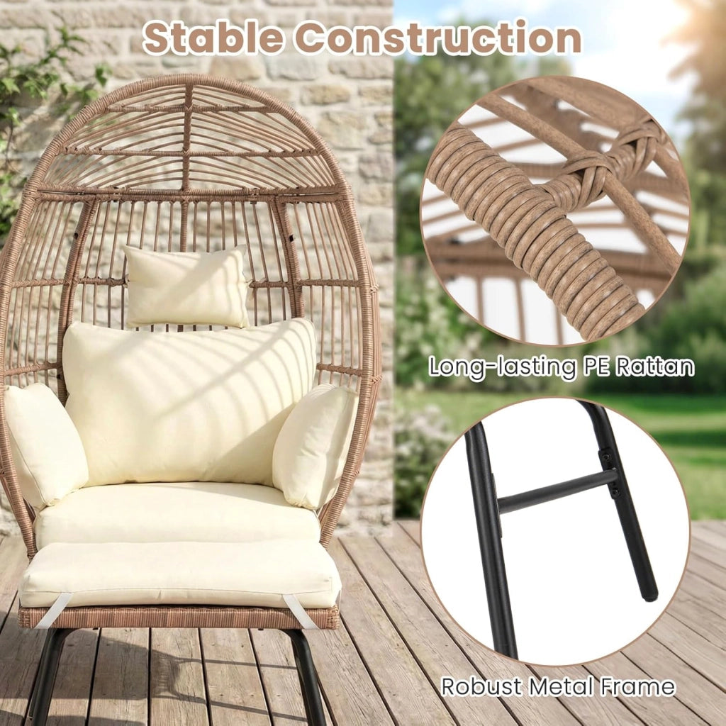 Poltrona a Uovo con Pouf, Sedia Relax in Rattan PE con Comodi Cuscini e Cuscinetti, Fodere Sfoderabili, Poltrona Pigra di Grandi Dimensioni per Balcone, Piscina, Veranda