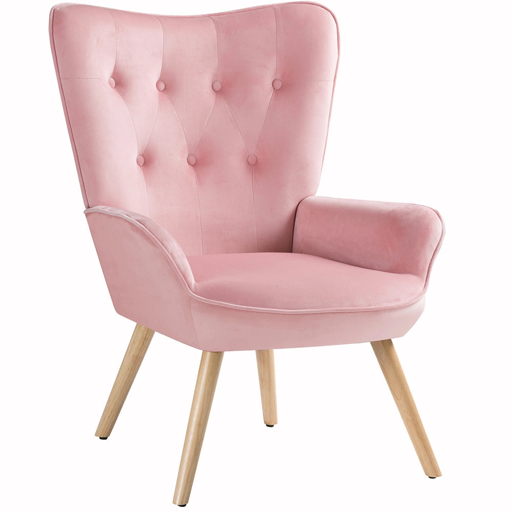 Poltrona Stile Scandinavo con Schienale Alto e Poggiapiedi In Velluto e Gambe in Legno Rosa