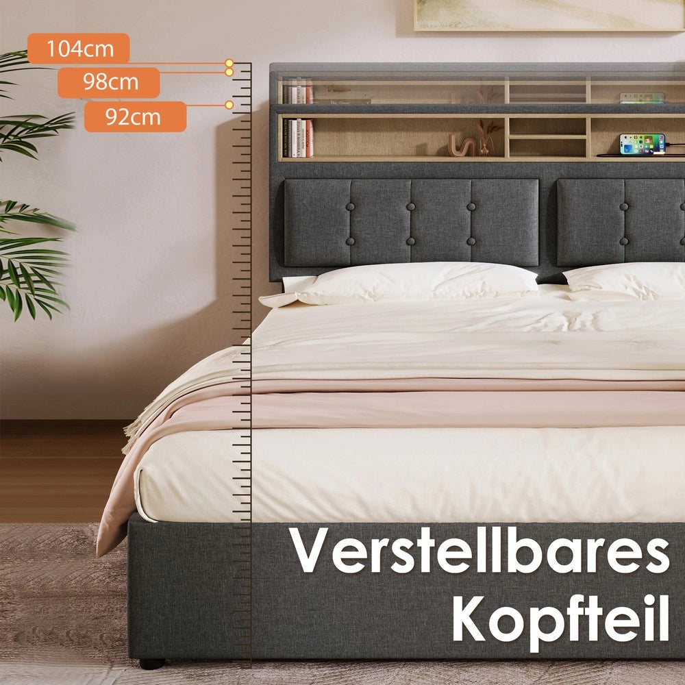 Letto imbottito matrimoniale contenitore ¨C Minimal ¨C Grigio tessuto 160x200 cm con testiera e rete a doghe
