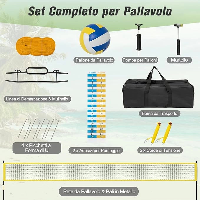Rete da Pallavolo per Esterni Portatile, Rete con Pali Regolabili in Altezza, Anti-Afflosciamento, Pallavolo, Pompa, Martello, Linea di Confine e Borsa, per Giardino e Spiaggia
