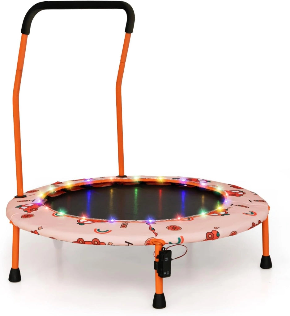 Trampolino per Bambini da Interno ed Esterno, Tappeto Elasctico Bambini 3-6 Anni in Acciaio con Maniglia Rimovibile, Luci LED, Cuscinetti Antiscivolo e Copertura Protettiva