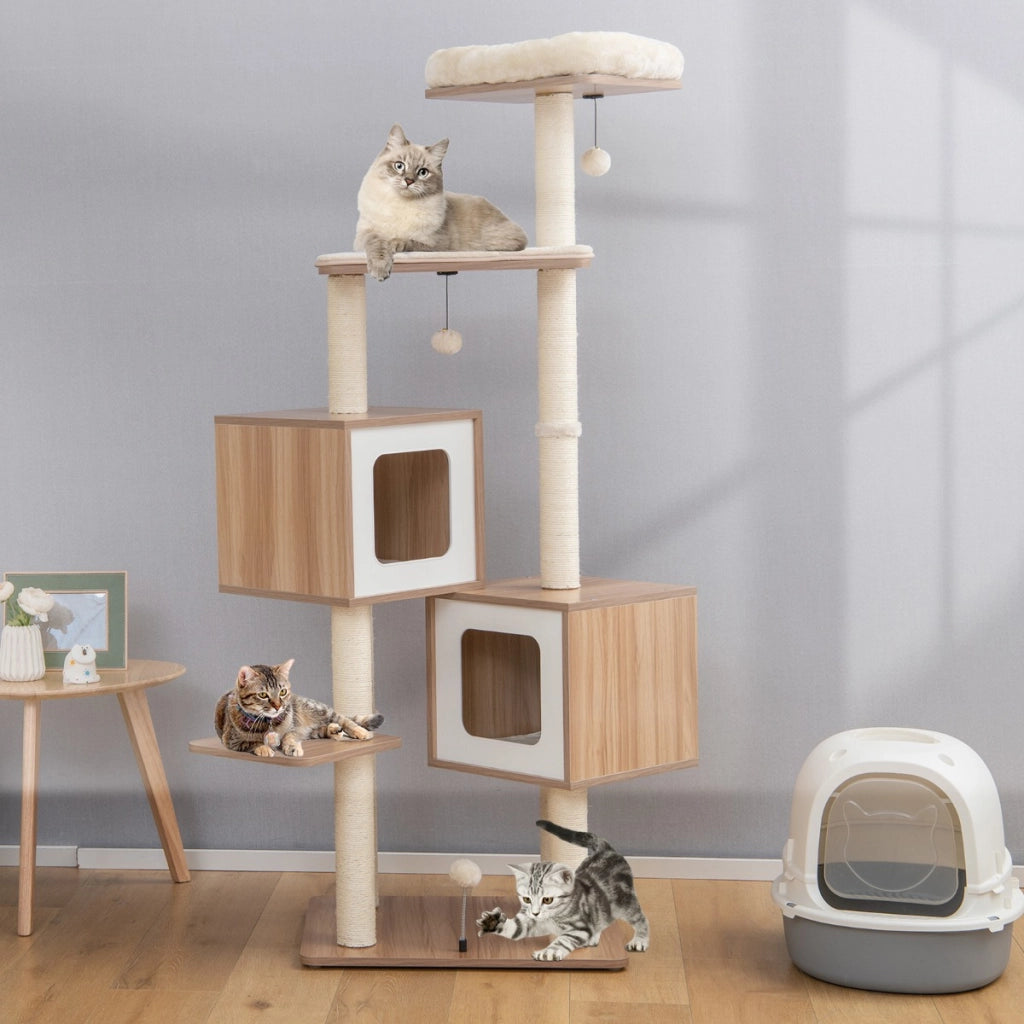 Albero per gatti con tira graffi in sisal cuscini lavabili 3 palline 2 contenitori, Torre in legno 163cm Naturale-Alberi Tiragraffi