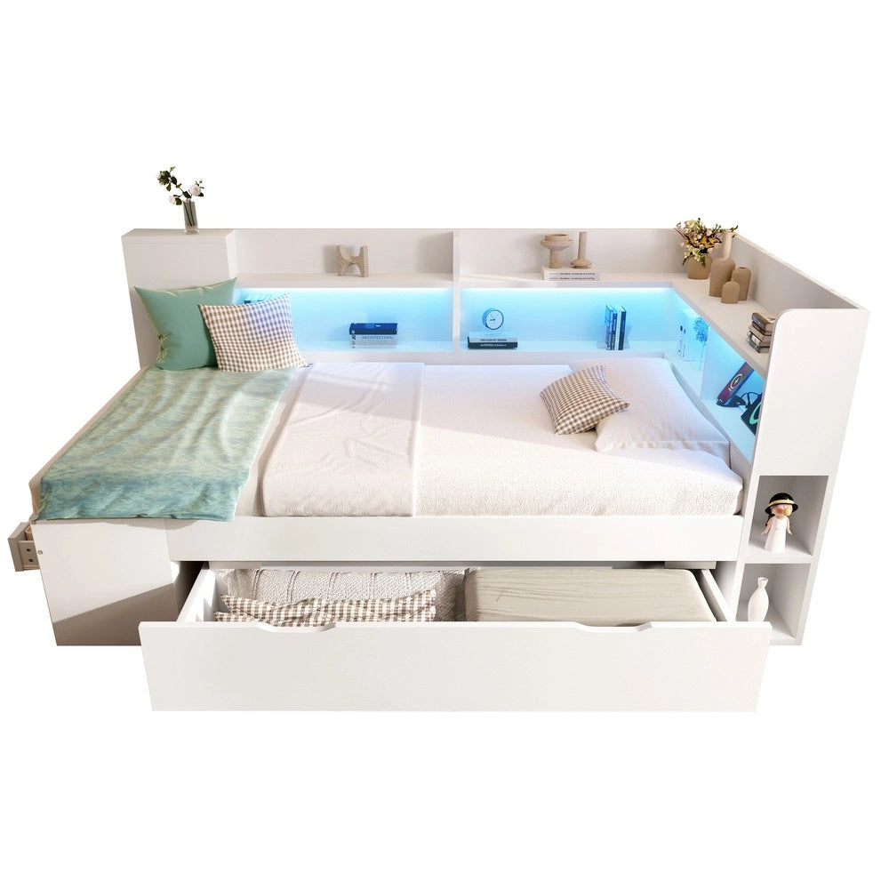 Letto Singolo 90x200 con LED, Cassetti, Ripiani e Rete a Doghe ¨C Xylo ¨C Bianco, Legno