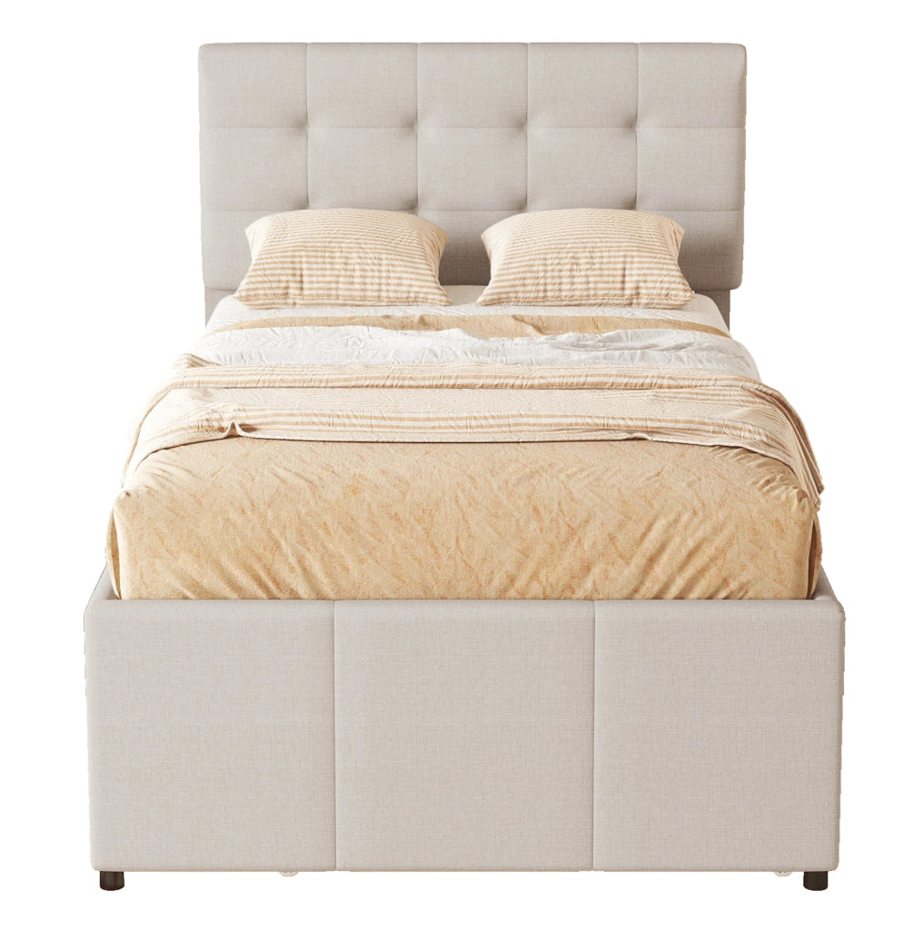 Letto imbottito con letto estraibile e 3 cassetti, beige, 90x200 cm