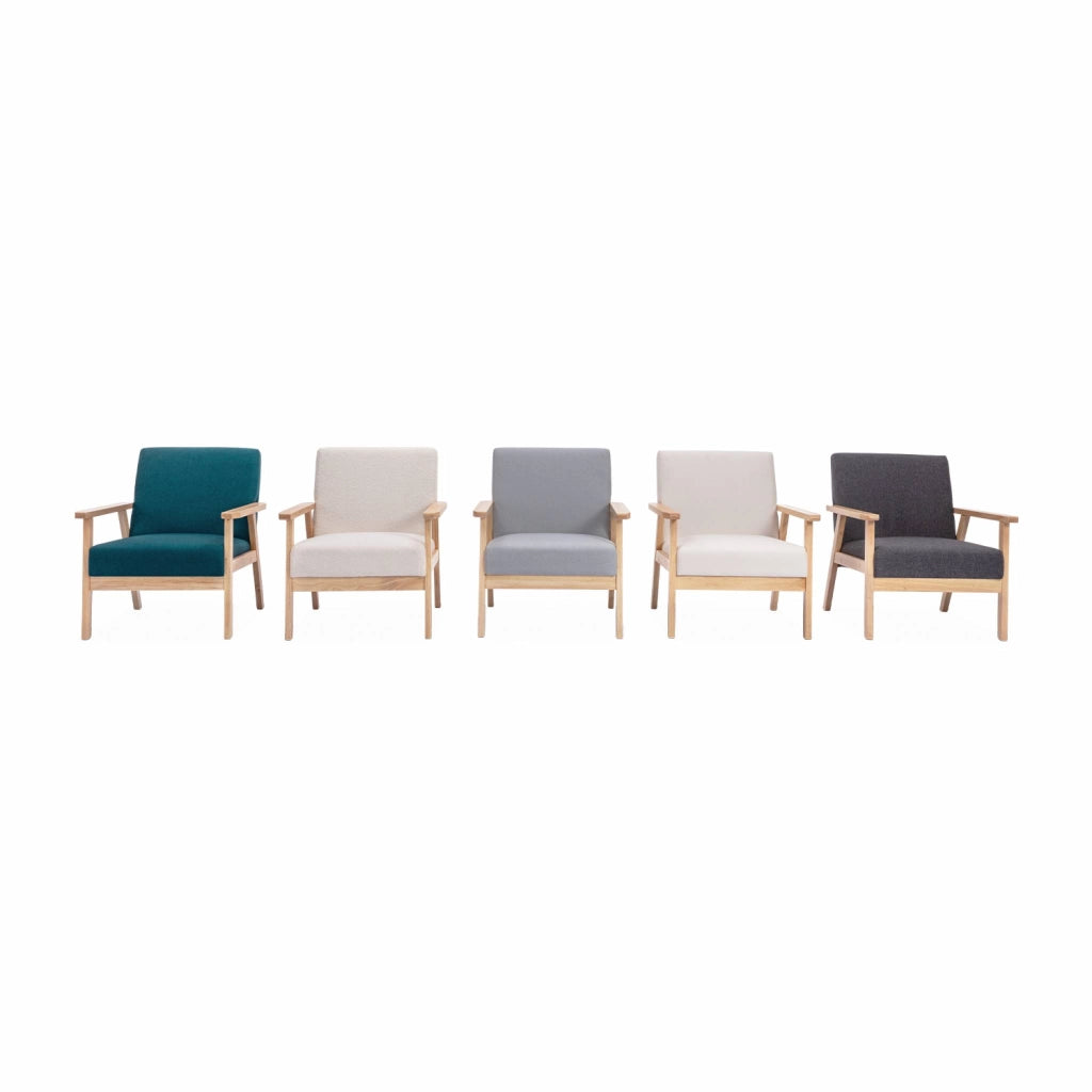 Poltrona scandinava in legno e tessuto, blu smeraldo