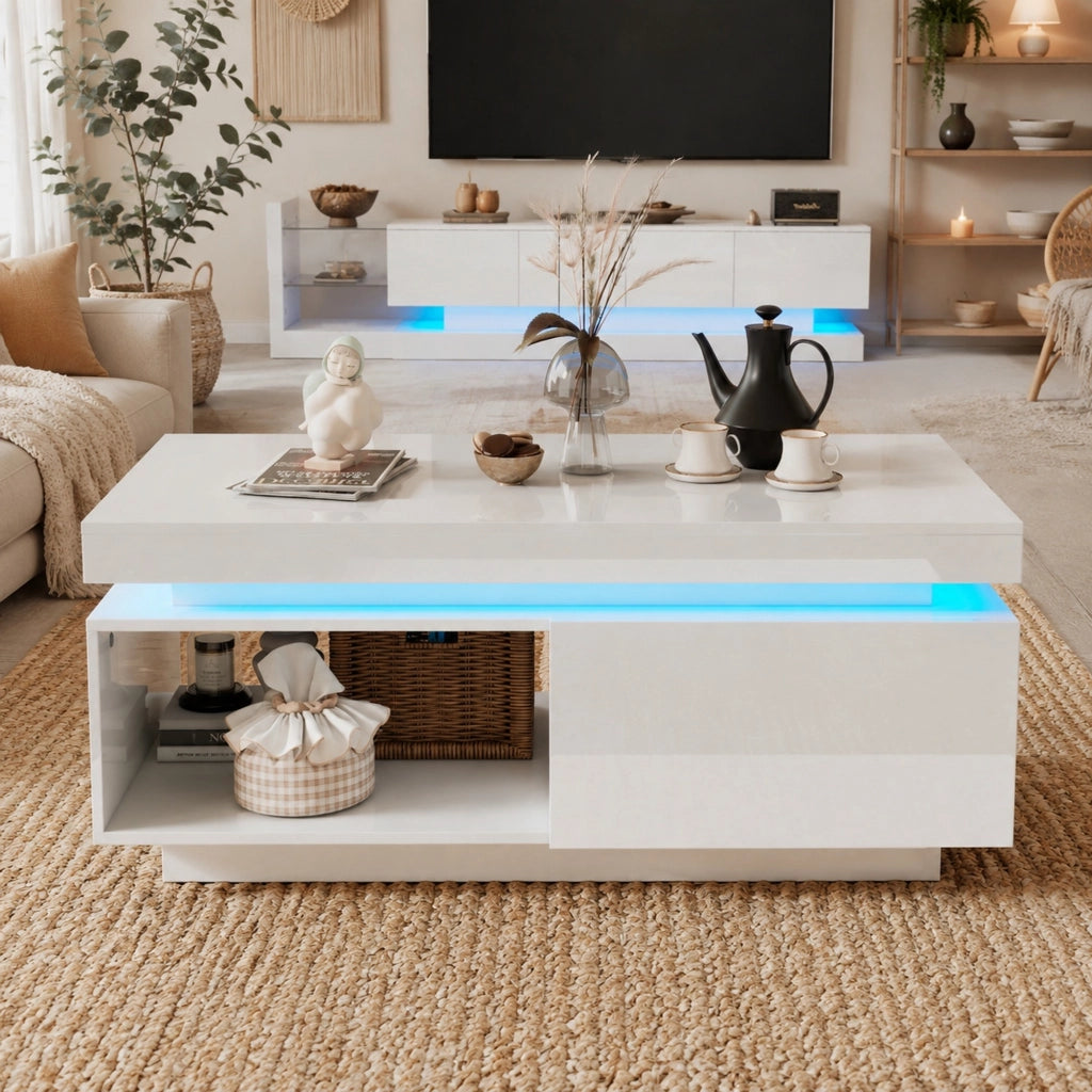 MOBILE TV con Tavolino Bianco Lucido LED Set 2 unità 181x38x38 cm e 100x50x40,3 cm