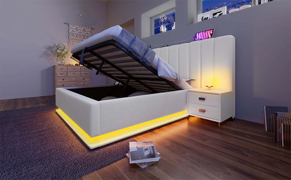 Letto matrimoniale 160x200 con contenitore, LED 360°, USB e USB-C, PU bianco, materasso incluso