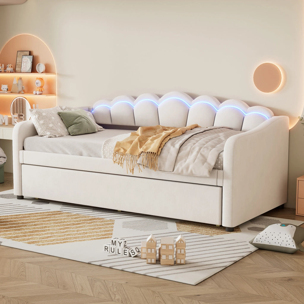 Letto singolo 90×200 cm con letto estraibile e LED regolabile per camera da letto; senza materasso; velluto; beige