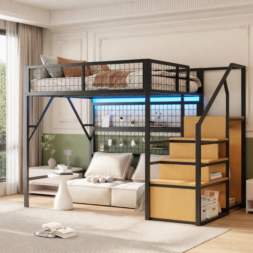 Letto a soppalco in metallo 140x200 cm con scala contenitore, LED controllato da app e armadio aperto, Nero/Bianco