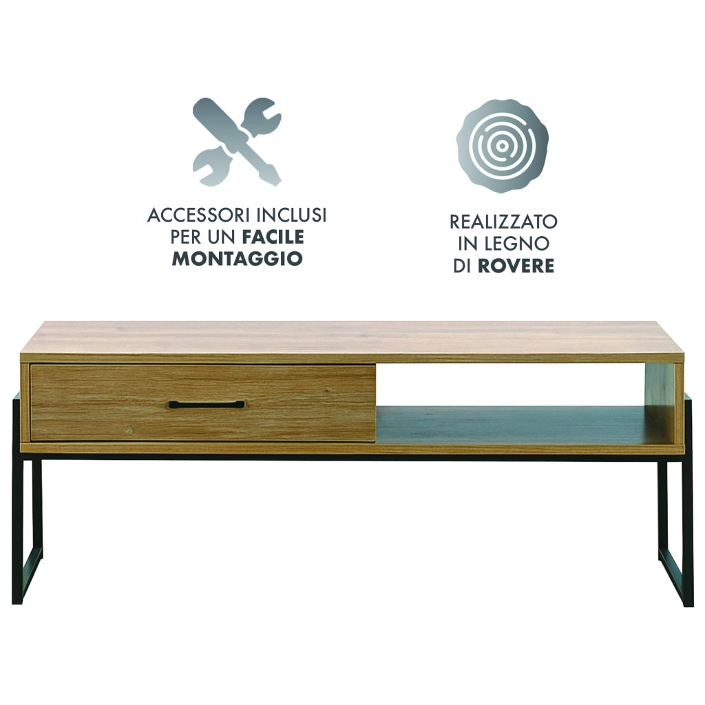 Mobile Porta Tv Stile Industrial Fino 60 Pollici Mobiletto Basso Per Televisore Con Cassetto Porta Oggetti In Legno Di Rovere Soggiorno Davanti Divano Camera Letto