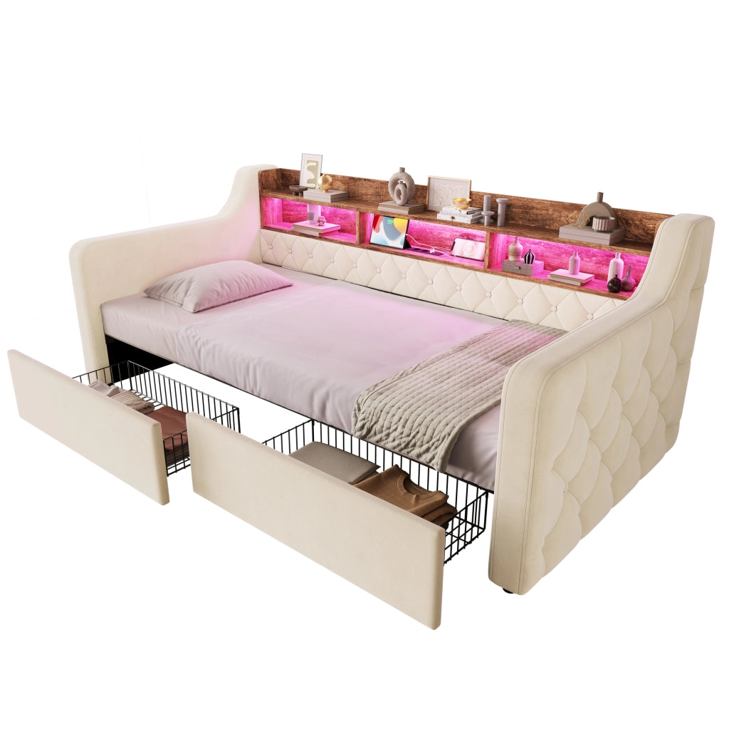 Letto imbottito beige 90x190 cm con LED, ricarica e cassetti