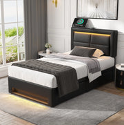 Letto imbottito 90x200 cm con USB; LED e 4 cassetti; senza materasso; PU nero