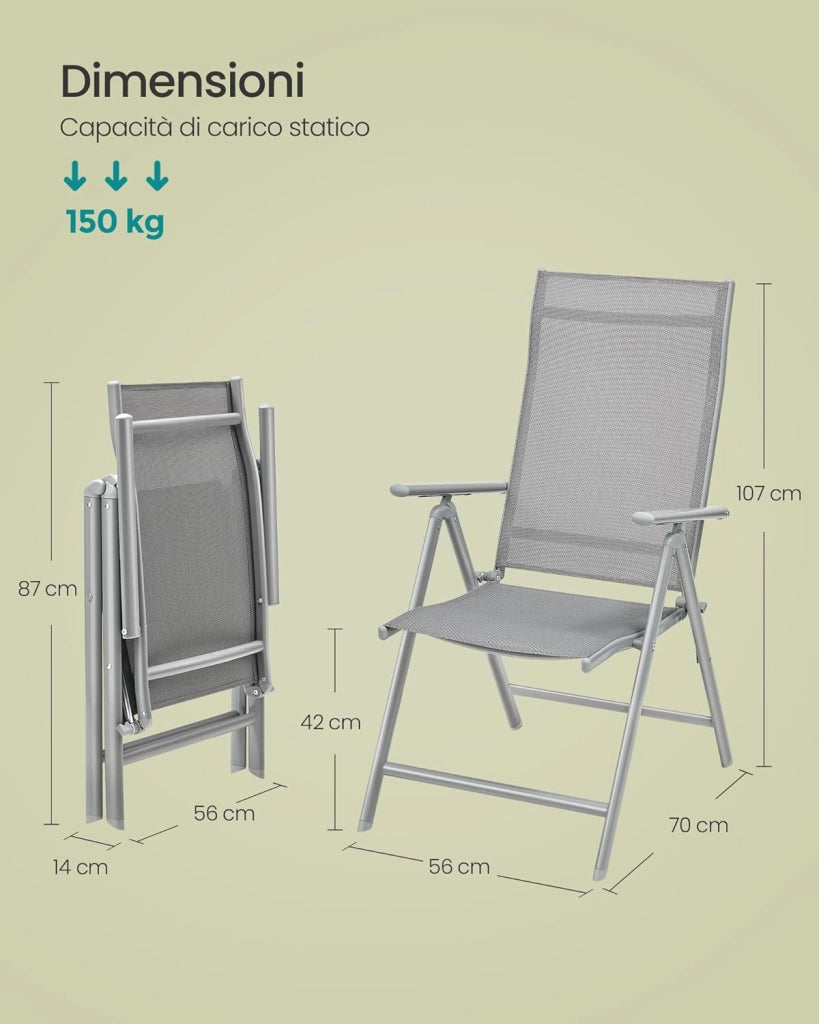 SONGMICS Sedie da Giardino, Set di 4 Sedie Pieghevoli, per Esterno, con Struttura in Metallo, Schienale Regolabile in 8 Posizioni, Capacità di Carico fino a 150 kg, Grigio GCB30GY
