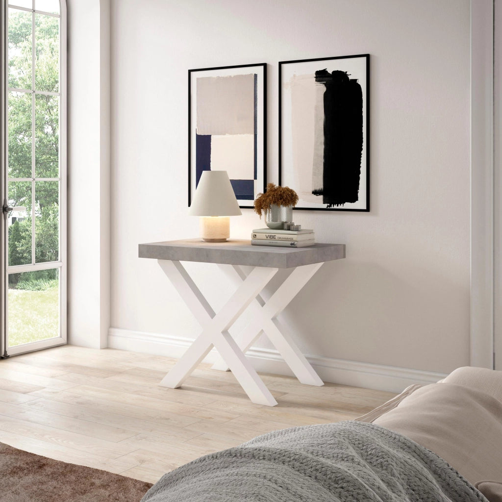 Consolle allungabile, 58 fino 140x90x73cm, Per 6 persone, Gambe in legno, grigio cemento RF2721