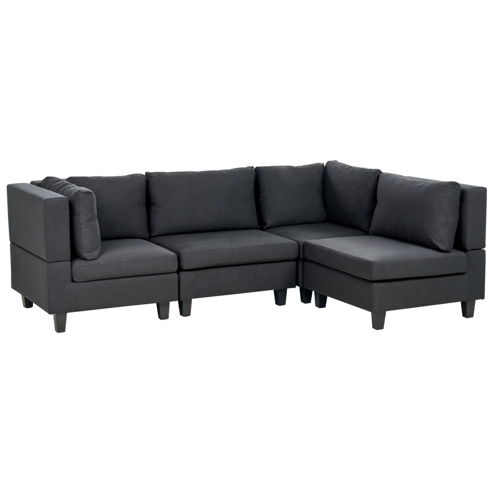Divano componibile 4 posti imbottito in tessuto nero gambe nere schienale imbottito lato sinistro stile moderno