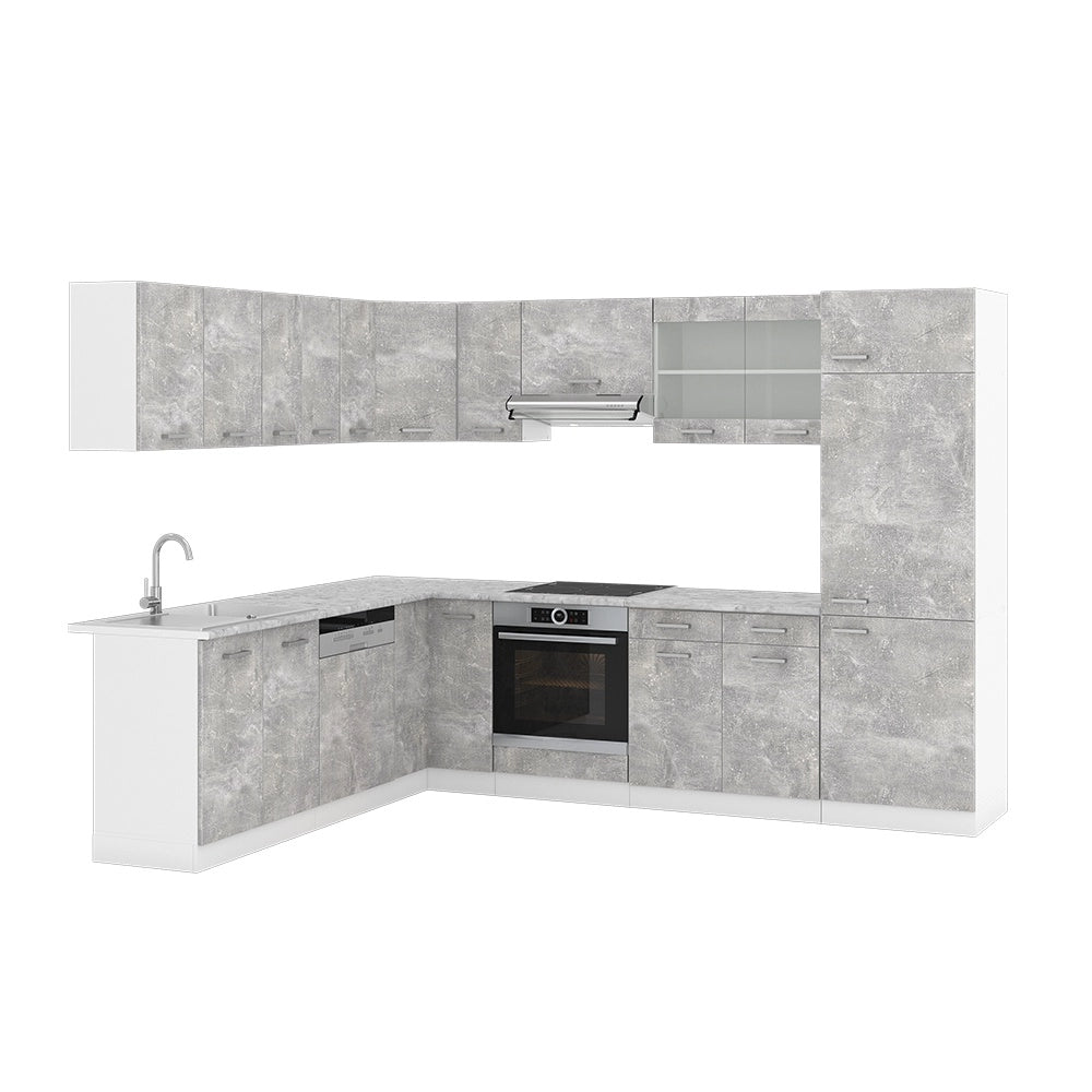 Cucina angolare completa R-Line Calcestruzzo/Bianco 287 x 227 cm senza piano di lavoro Vicco