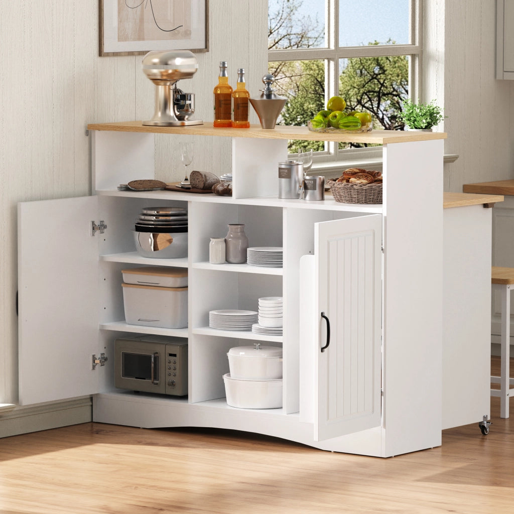 Isola da cucina con piano ribaltabile; ripiani regolabili; vani a giorno e 2 sgabelli; in MDF; 110 x 34-68 x 97;5 cm; bianco