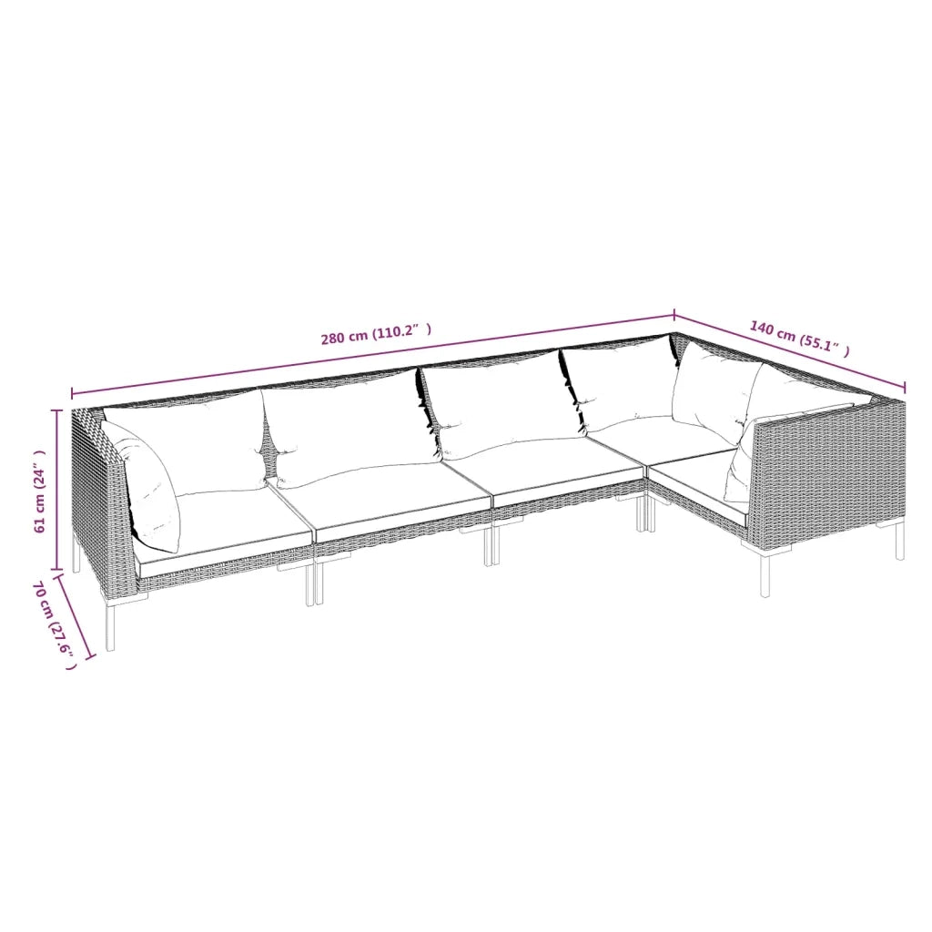 Divani da Giardino 5 pz con Cuscini in Polyrattan Grigio Scuro 3099838