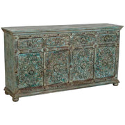 Credenza in legno blu intagliata a mano 180x45x96h cm