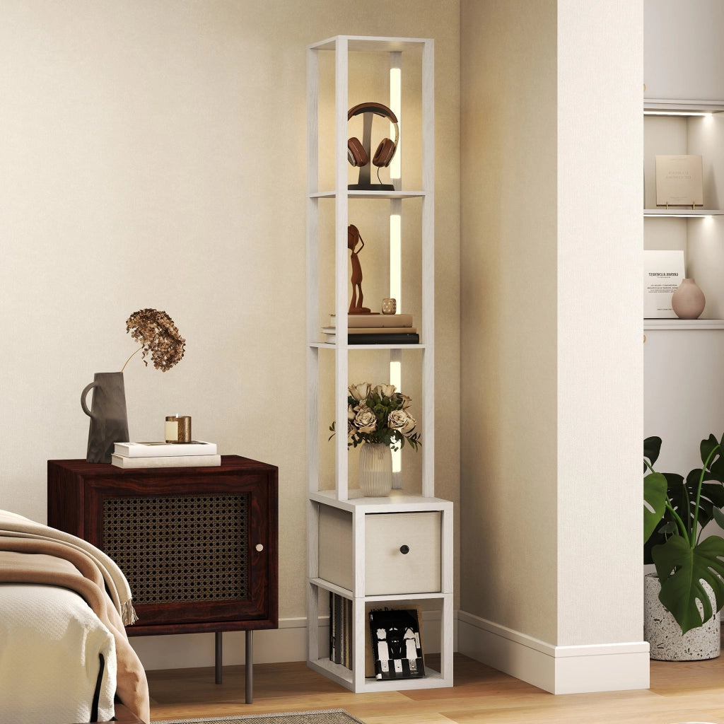 Lampada da terra con scaffali aperti e cassetto in tessuto ¨C Zephmum ¨C Bianco