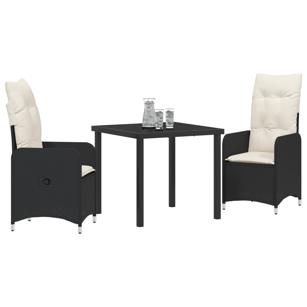 Set da Pranzo da Giardino 3 Pezzi con Cuscini Neri Polyrattan