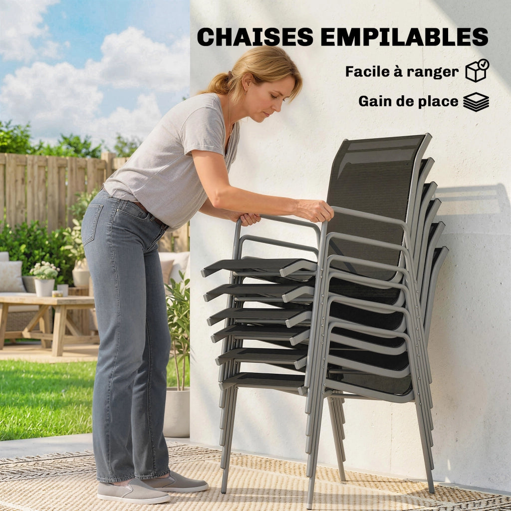 Set Giardino 6 Posti con Sedie Impilabili ¨C zephmum ¨C Argento 70x51x87cm
