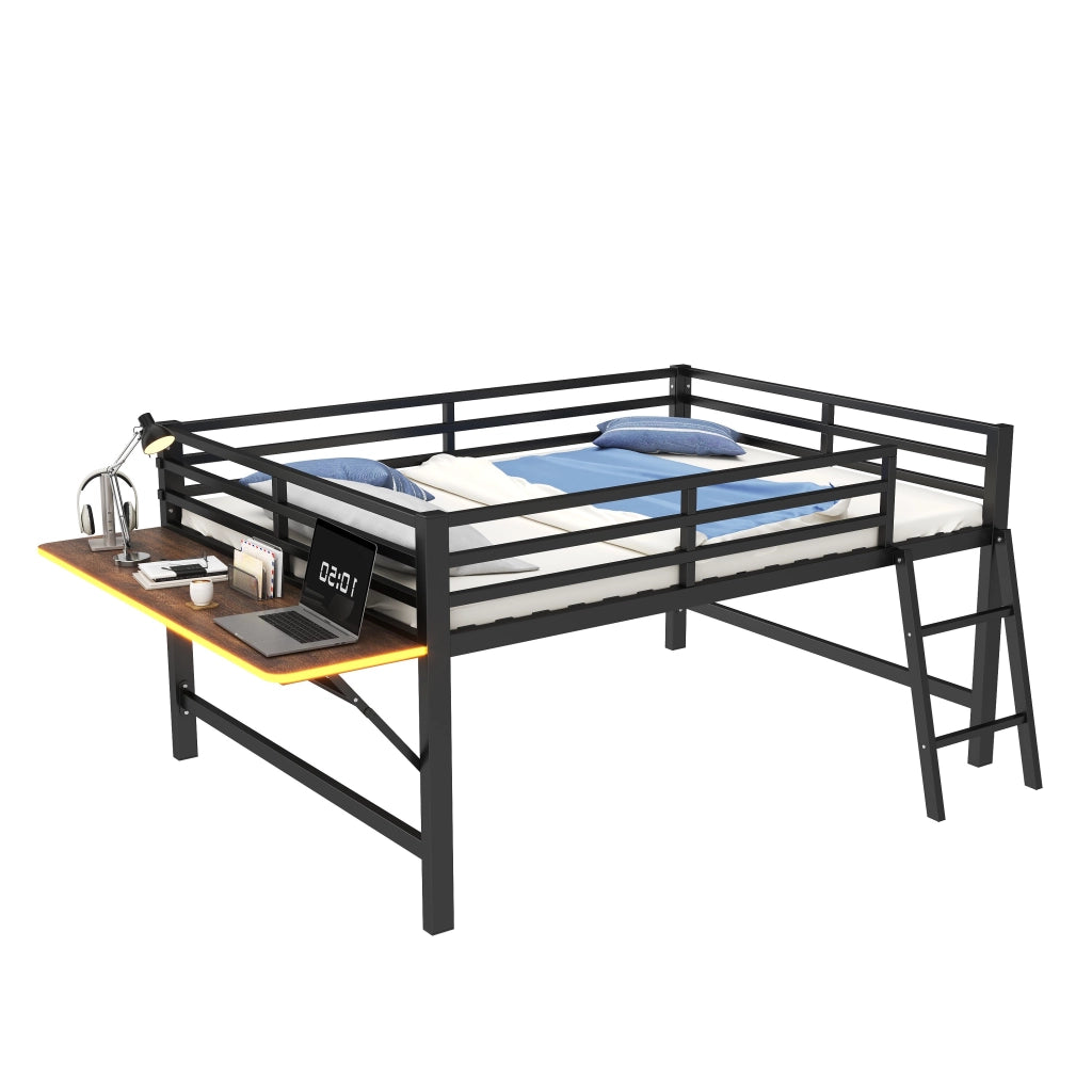 Letto a soppalco 140 × 200 cm con scrivania pieghevole, LED e sbarre di sicurezza, senza materasso, metallo, nero