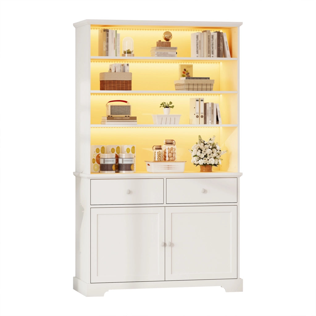 Vetrina con LED, 2 ante, 2 cassetti e 7 vani per soggiorno, in truciolare bianco, 100 × 38 × 170 cm