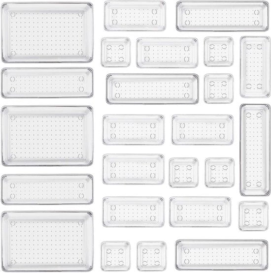 Pacchetto da 25 organizzatori di cassetta trasparente con organizzatore di trucco in 4 misure, organizzatore antiscivolo trasparente per bagno, cosmetici, comodino, cucina, ufficio