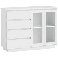 Credenza Buffet in Legno con 4 Cassetti e Armadietto con Ante in Vetro e Ripiani Regolabili, 120x40x91 cm, Bianco