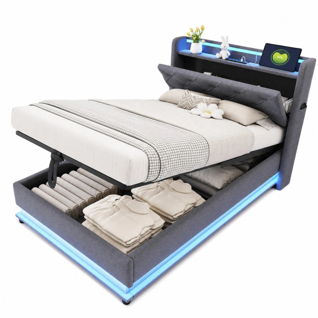 Letto imbottito 90x200 cm con LED, USB, contenitore idraulico e testiera apribile