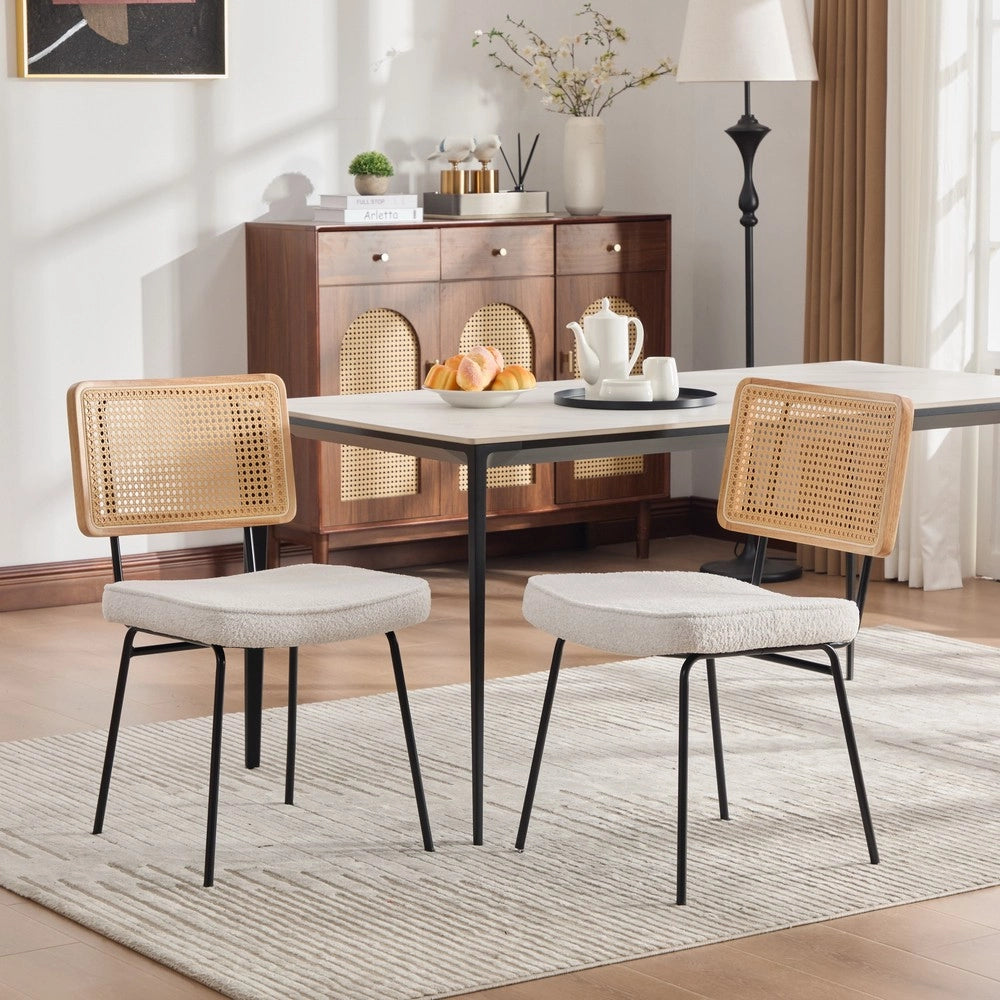 Sedie da Pranzo Set 2 Pezzi ¨C MINIMAL ¨C Velluto Chenille, Schienale Legno Massello, Gambe Metallo, Effetto Rattan, Avorio