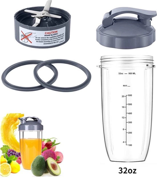 5 pezzi - Adatto per bicchiere blender Nutribullet e set di sostituzione lama - Incluso bicchiere grande da 32 Oz - 1 coperchio pieghevole da trasportare - 1 lama estrattore premium - 2 guarnizioni in gomma - Compatibile con Nutribullet 600w/900w blender