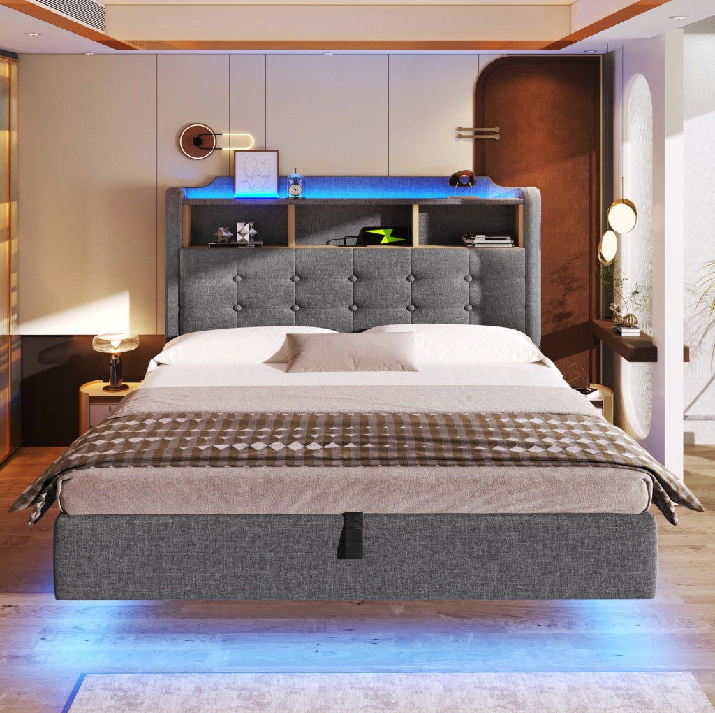 Letto imbottito 140x200 cm con LED; contenitore idraulico; USB e Type-C; lino e MDF; grigio