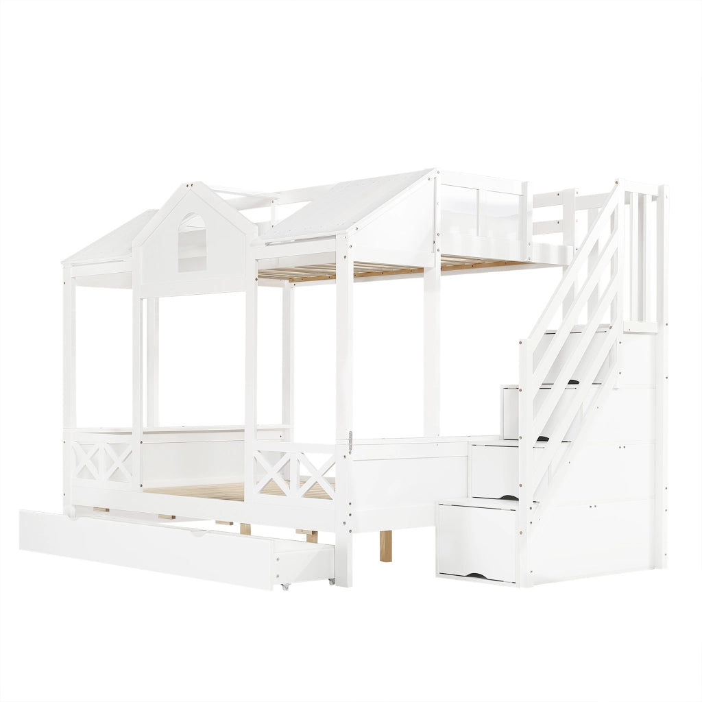 OKWISH Letto a castello 90×200 cm e 140×200 cm, Letto 3 Posti con 2 Cassetti, Mobile Scala e Design Casetta, senza Materasso