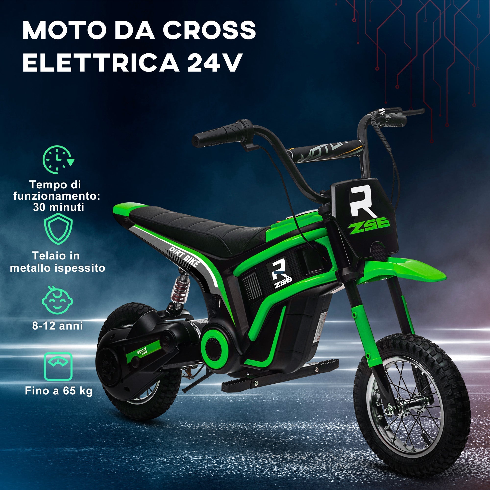Moto Elettrica per Bambini con Acceleratore Manuale 2 Velocità 8-16km/h Verde