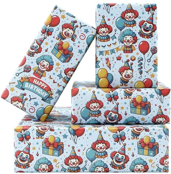 Pacco di Consegna Rettangolare a 4 Fogli - Colori Rondazzuro - Ideale per Feste di Compleanno e Baby Shower - Disegno Clown/Infante - Materiale Sostenibile - Carta da Imballaggio - Adatto per Progetti di Artigianato