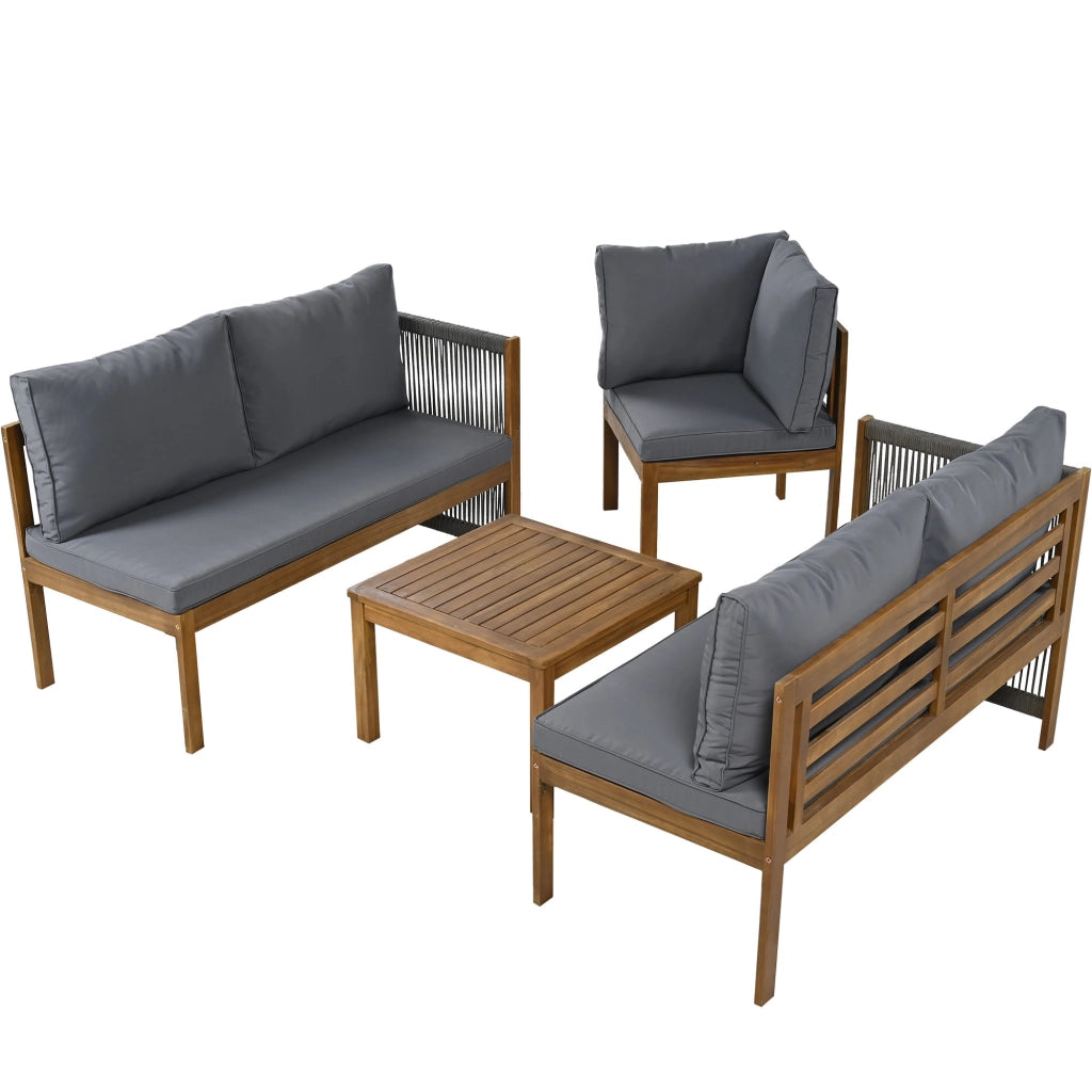 Divano Angolare con Tavolino da Caff¨¨ ¨C MINIMAL ¨C Tessuto Grigio, Legno Acacia