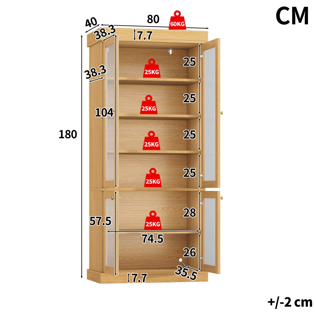 Armadio con LED e ripiani per soggiorno, 2 sistemi antiribaltamento, in MDF e vetro, legno naturale, 160 × 40 × 180 cm