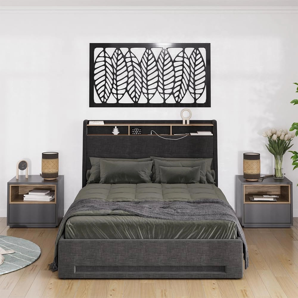 Letto imbottito Christin, Antracite/quercia, con LED e connessione USB, con rete a doghe, funzione pieghevole e base letto integrata