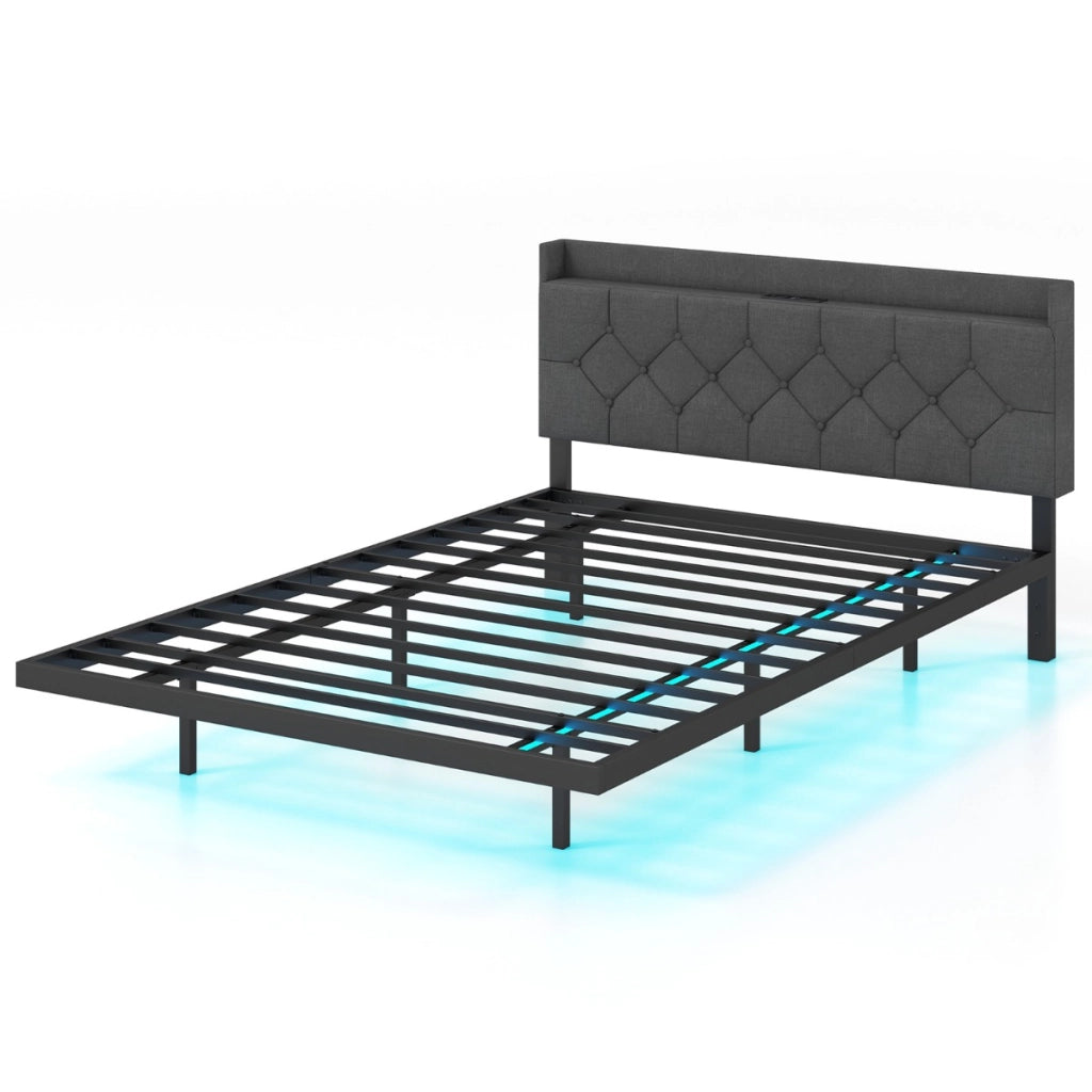 Letto galleggiante con luci LED testiera imbottita regolabile e stazione di ricarica, Base per materasso Grigio 208x144x87cm-Letti e strutture