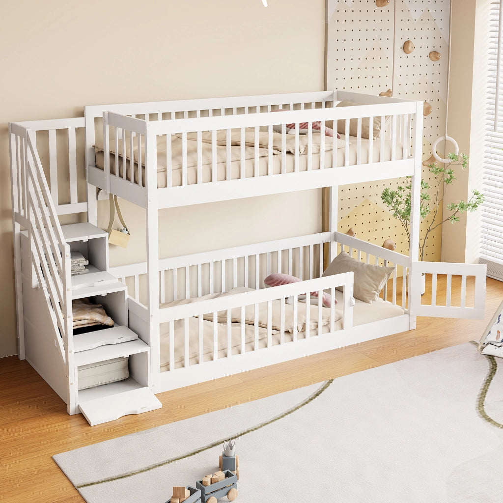 Letto a castello per bambini 90x200 in legno bianco con scala e cassetti