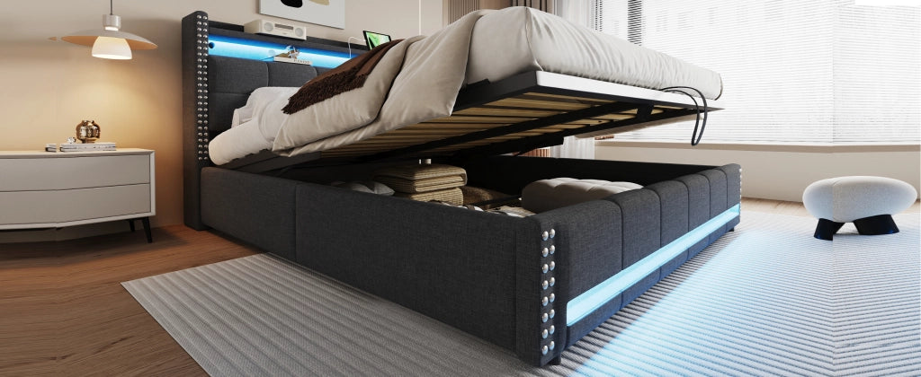 DESMIU Letto contenitore 180 × 200 cm 2 posti con LED, USB, ripiani e materasso senza materasso, in lino, grigio